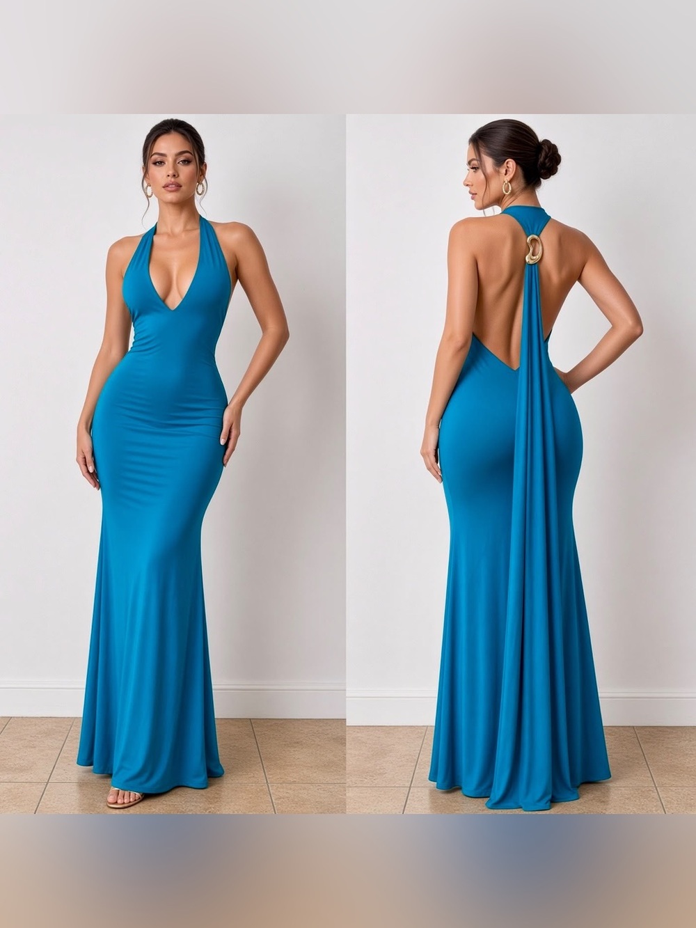 Teal Halter Mermaid Evening Dress